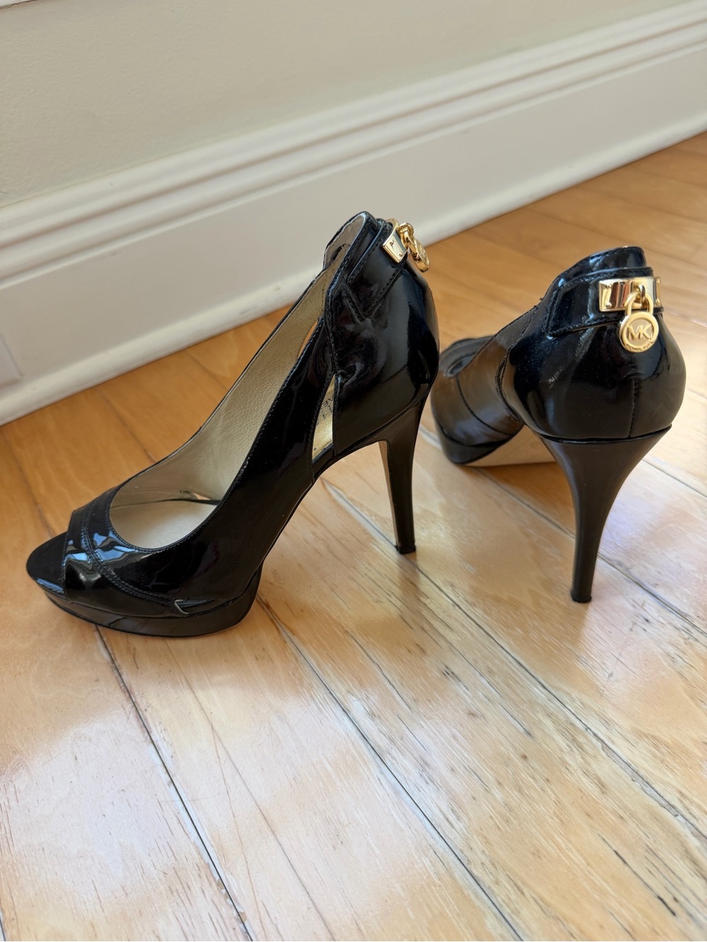 Michael Kors Black Patent Peep-Toe Stiletto Heels with Gold Logo